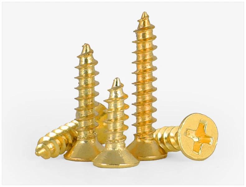 Goldener Waschbeckenkopf, Kreuzschlitz, flache selbstschneidende Schrauben, metrisches Gewinde, Messing, goldene Schrauben, Holzbrett, Faserplatte, Spanplattenmöbel – Detail 3