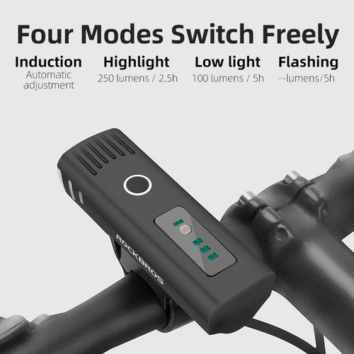 Imagen 2 del producto ROCKBROS Luz frontal de bicicleta 250 LM Luz delantera de bicicleta recargable por USB Instalación rápida sin herramientas 4 modos Luz de ciclismo QD-250L