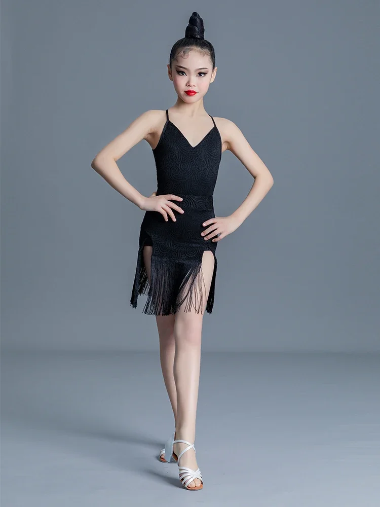 Robe de danse latine pour enfants, robe de balançoire à franges, robes de salle de Rhpour filles, concours de olympiques, tango, salsa, 2024, nouveau