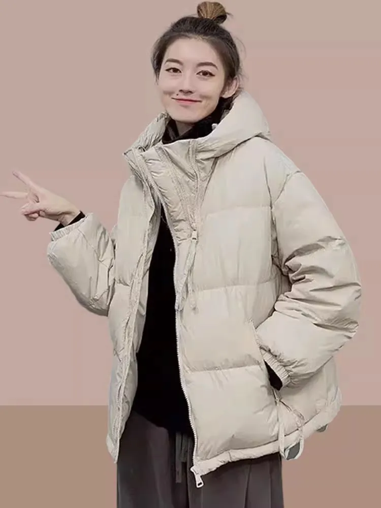 

Женская утепленная хлопковая куртка с капюшоном, стеганая, теплая, модная, универсальная, зимняя, на молнии, свободного кроя, однотонная