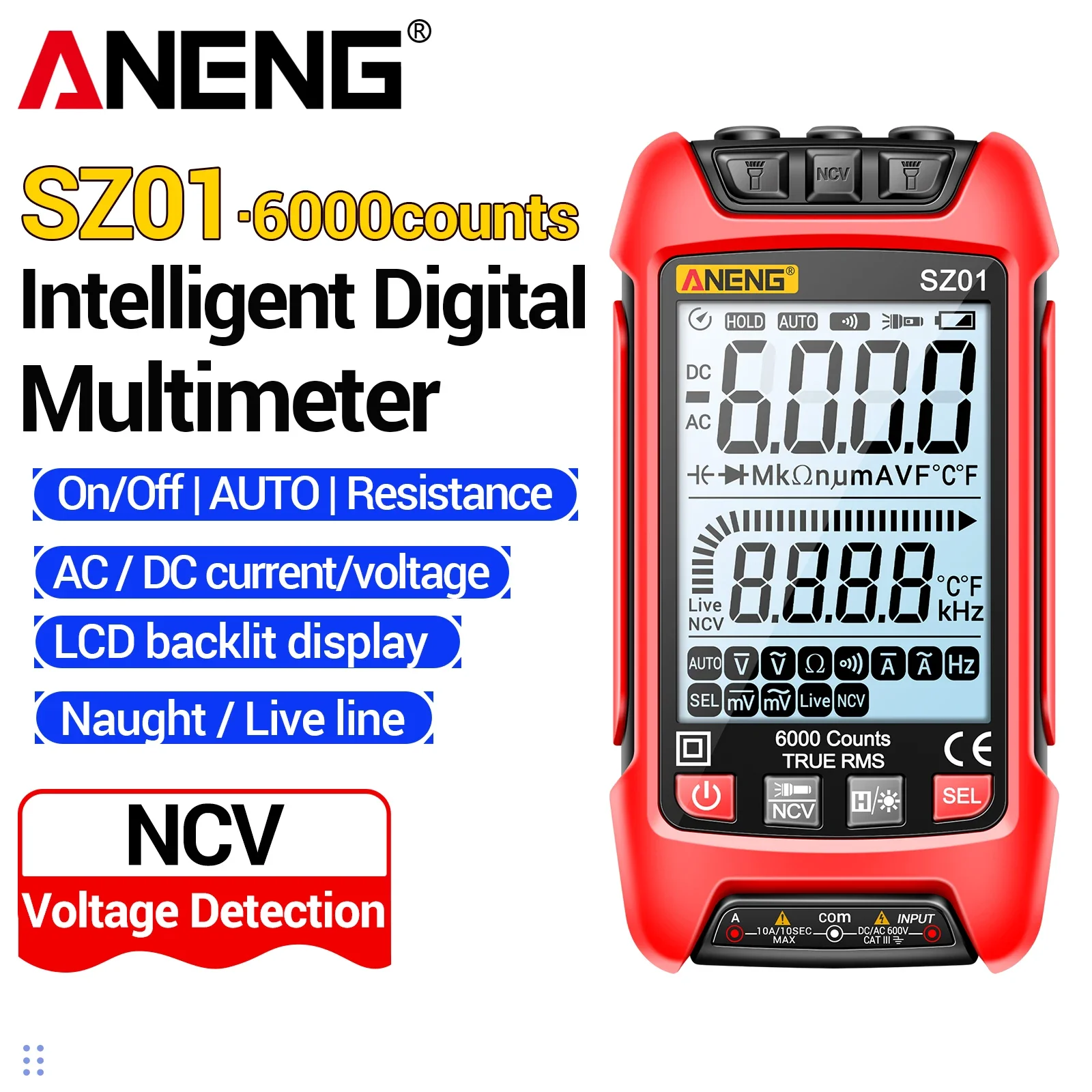 Multimètre numérique miniature ANENG SZ01, 6000 points de mesure, auto-scan, 600V, 10A, détecteur de fil sous tension NCV avec rétroéclairage et lampe torche, ABS et silicone
