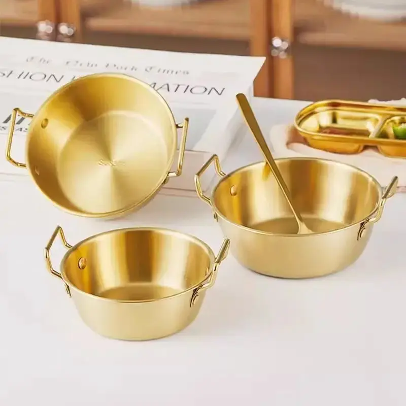 

1pc 304 Stainless Steel Golden Instant Noodle Bowl Korean Rice Wine Bowls with Handle Salad Snack and French Fry Bowl Tableware