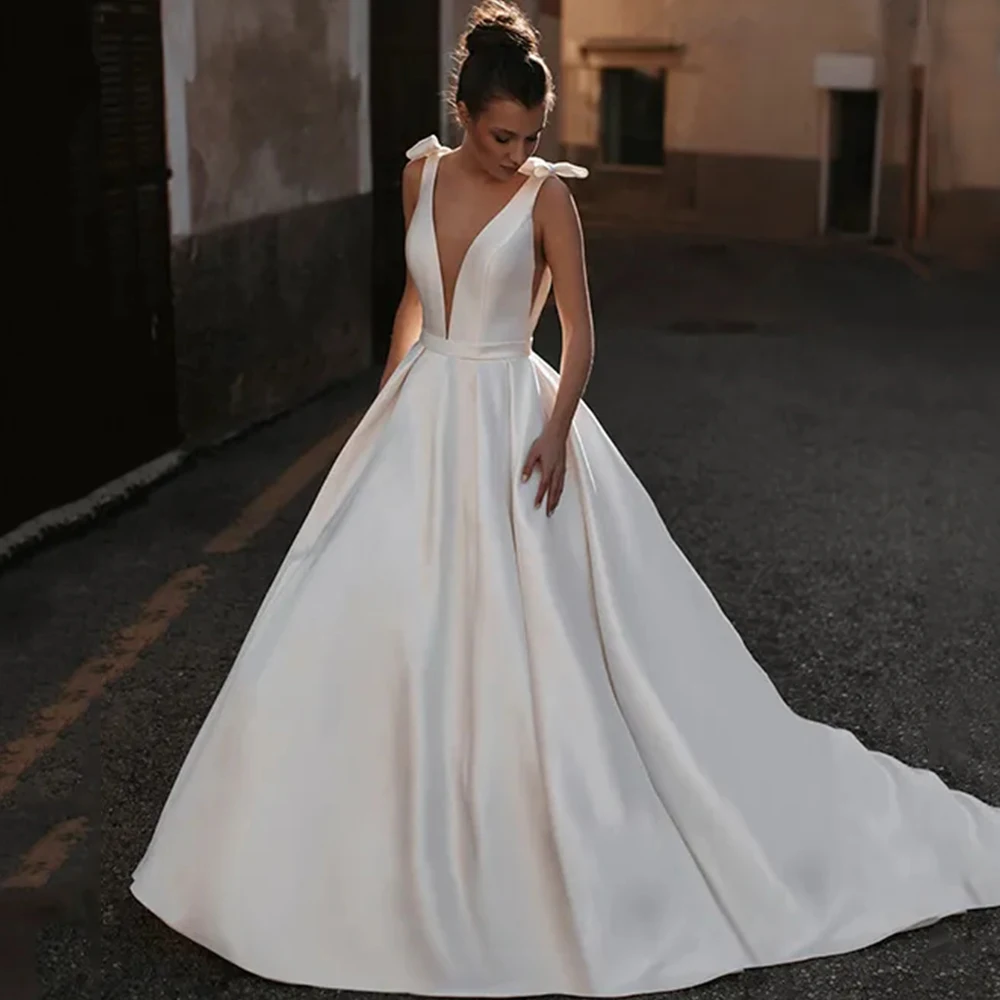 

Simple Satin A-Line Floor Length Wedding Dress Sexy Deep V-Neck and Open Back with Buttons Sweep Train Bridal Custom Made Gowns