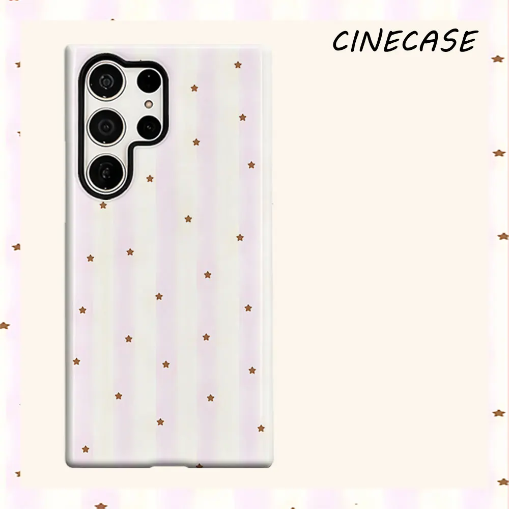 Pale Pink Stripe Brown Star For Samsung Galaxy S26 S25 S24 A56 A36 Dual Layer Luxury Fashion Full Lens Protective Case
