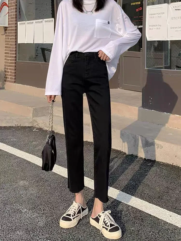 Black Straight Leg Jeans Women Loose Small Size Spring Summer Teenage Girl Versatile Slimming Big Kids Slim Nine Point Denim ...