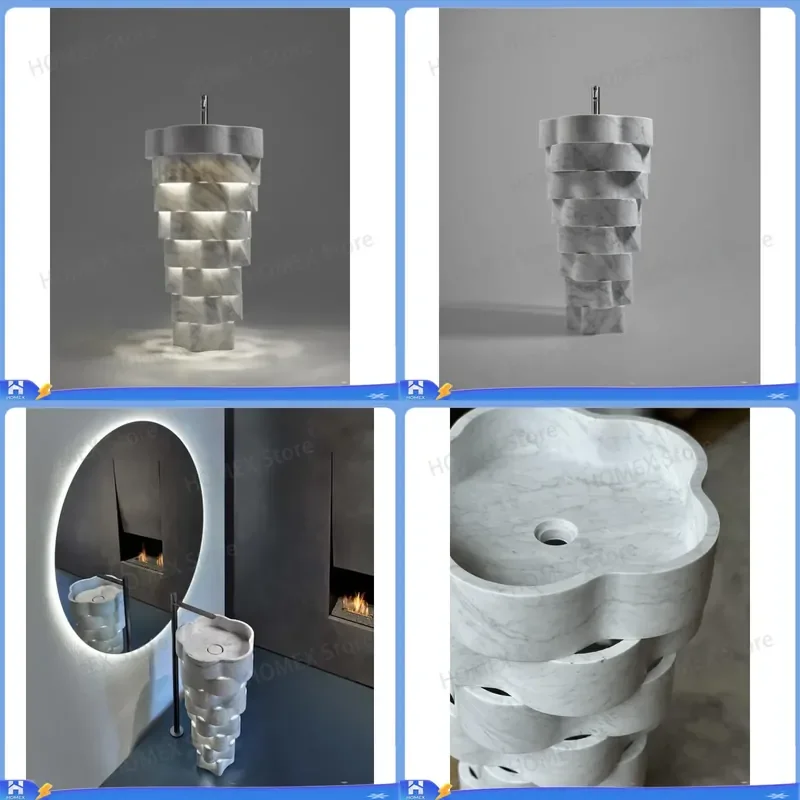 White Marble Bathroom Vanity Freestanding Flower Shaped Sink Cabinet Modern Design Washbasin Unit Luxury Stone Pedestal