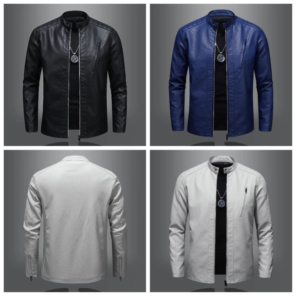 

Классическая мужская байкерская куртка больших размеров - воротник-стойка, приталенное пальто из искусственной кожи на все сезоны, повседневная верхняя одежда, черный, белый, синий