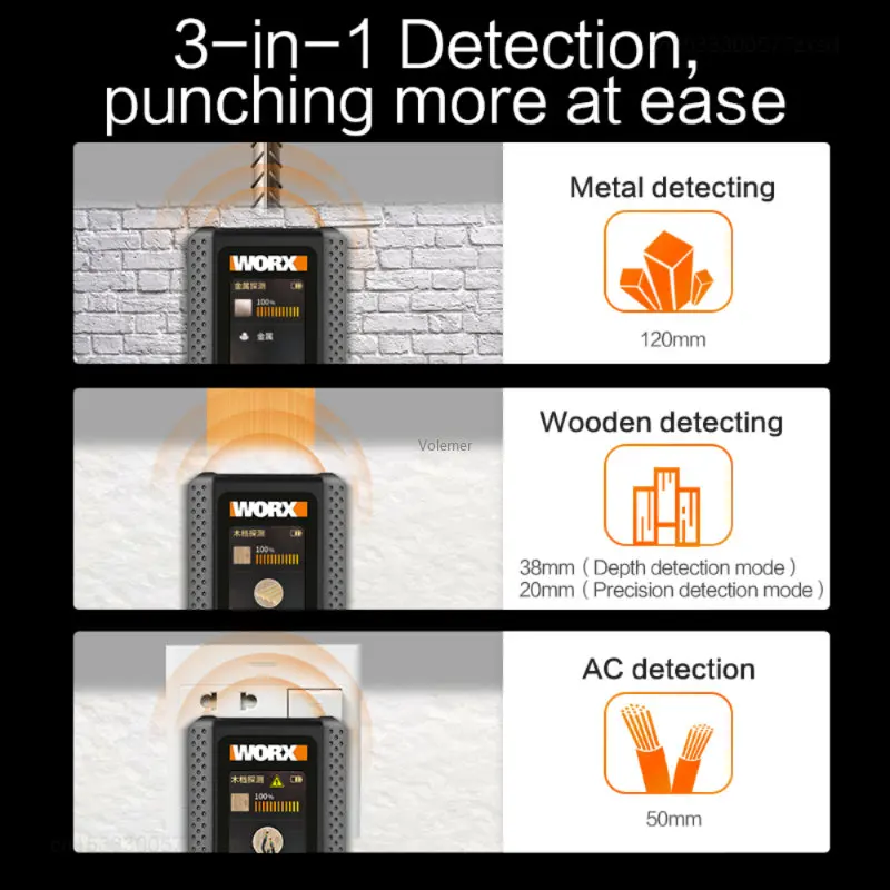 Imagem -04 - Youpin Worx-scanner de Parede Multifuncional Stud Finder Detector de Metais Madeira e Fio ac Cor Display Digital 3in 1