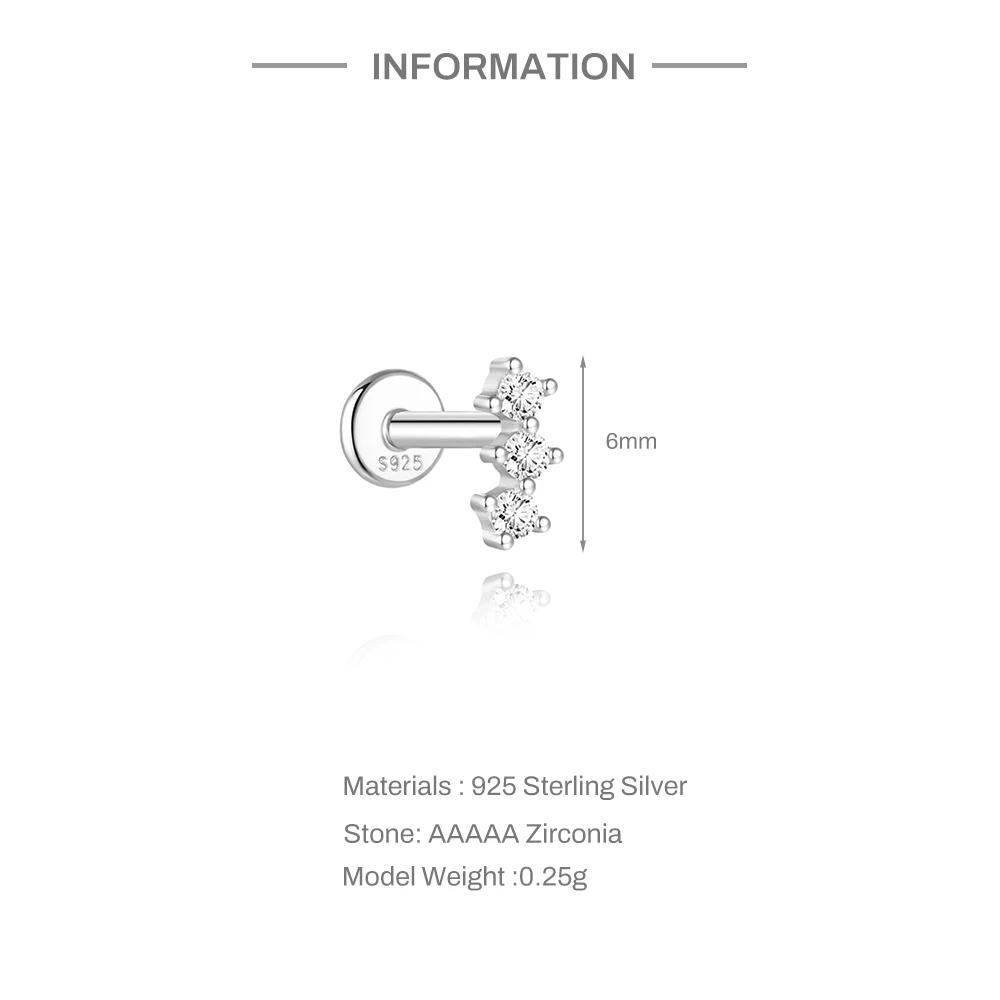 Aide 925 Sterling Silver Tiny Rivet Three Geometric Zircon Studs Flat Head Ear Bone Piercing For Women Multi-sized Ear Rod Jewel