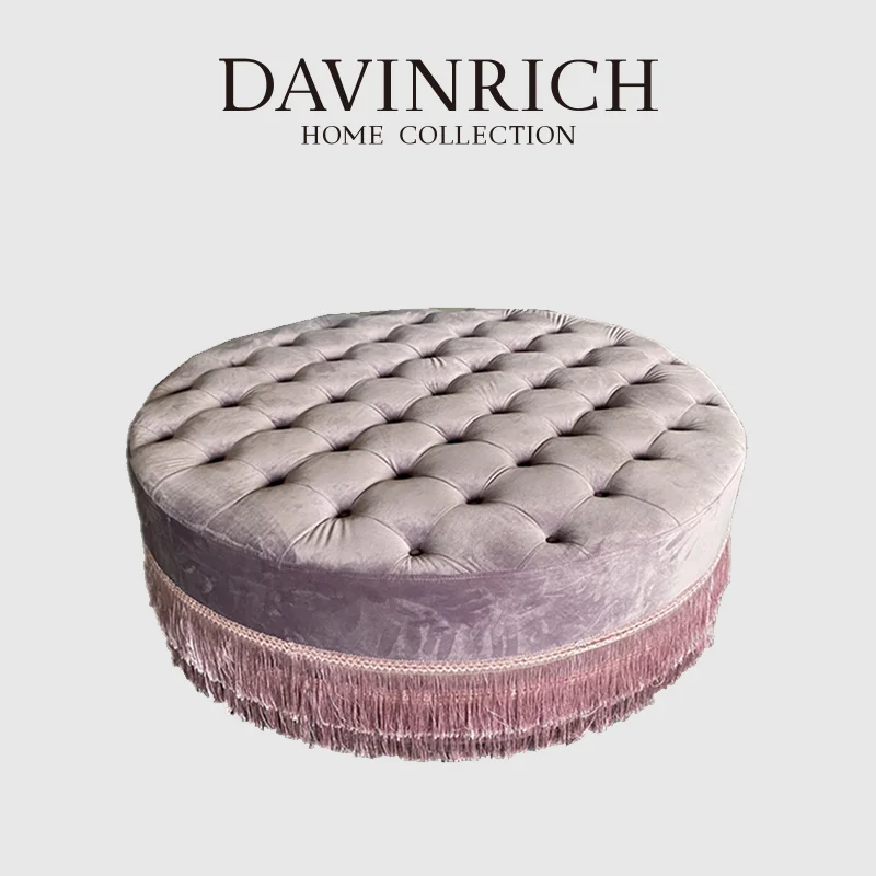 DAVINRICH Lavender Velvet Retro Round Vanity Stool Modern Upholstered Footstool Fringed Ottoman For Living Room Dressing Room