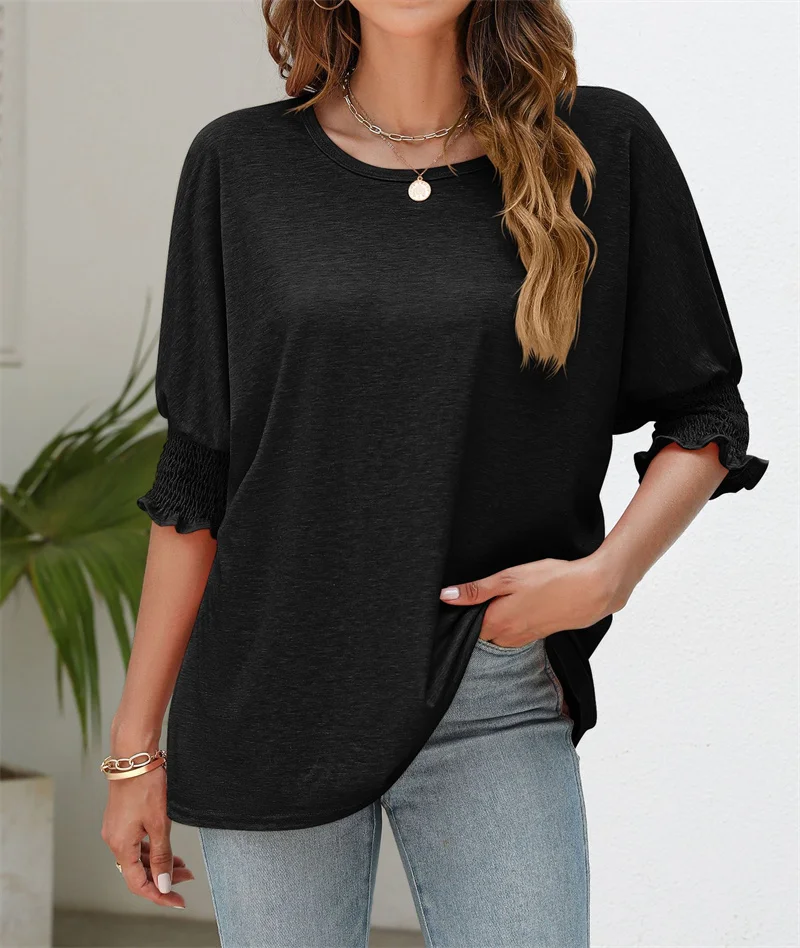 Women's casual loose T-shirt trend street 2023 summer new fashion loose round neck pleated cuffs half sleeve top