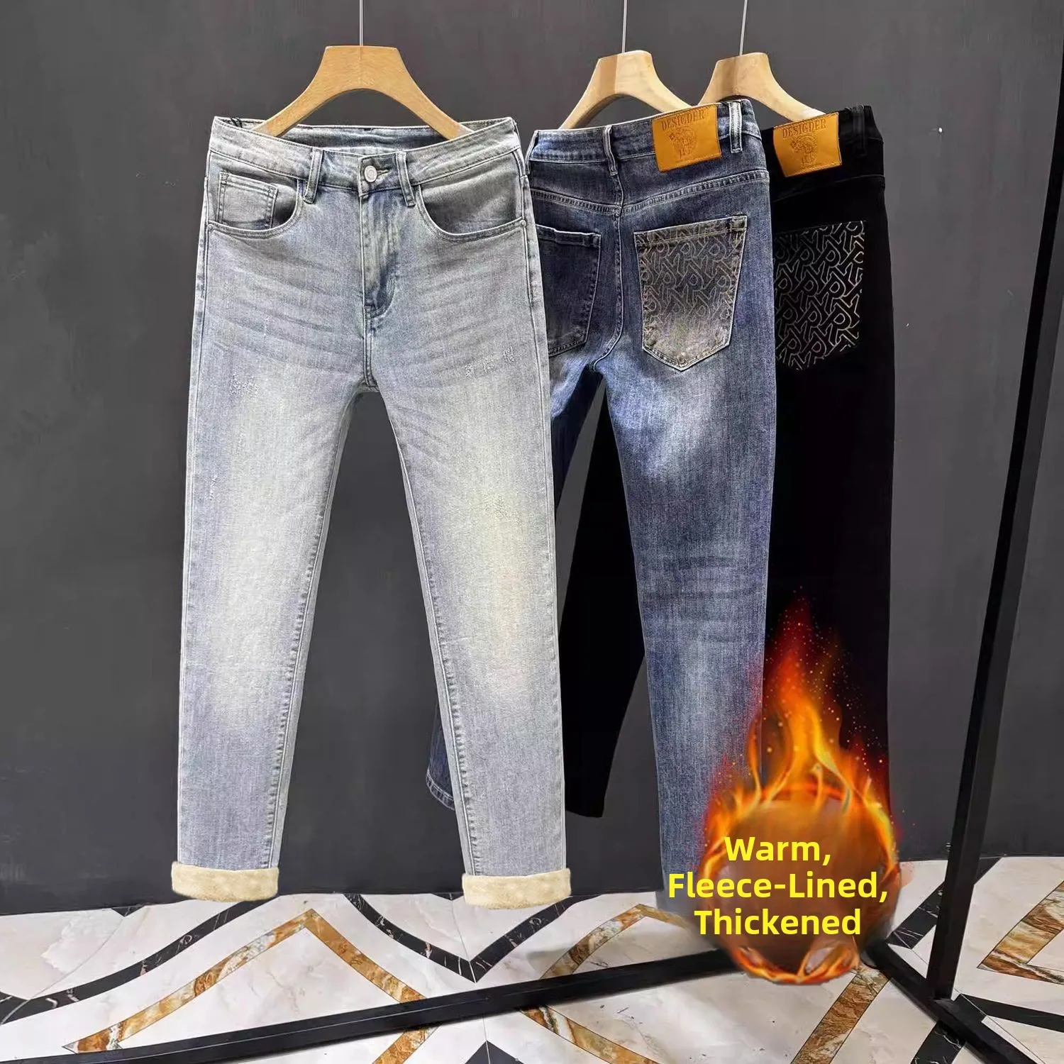 

Синие плотные джинсы из денима для мужчин, новая европейская версия, модные, с принтом, облегающие, повседневные, эластичные, длинные брюки, стандартный крой