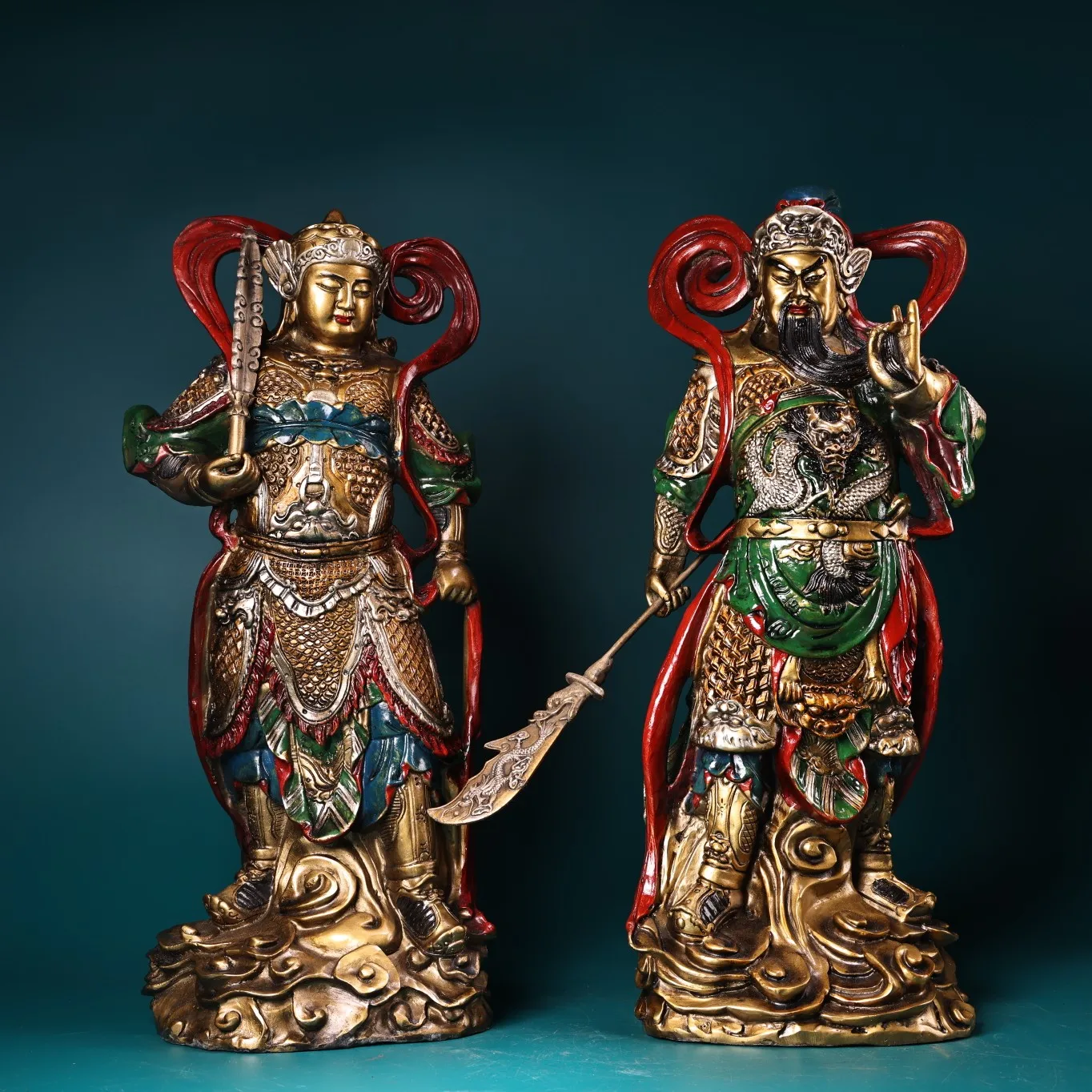 

16"Tibetan Temple Collection Old Bronze Painted Veda Protector Guan Yu Sangharama Bodhisattva Buddha Worship Hall Town house