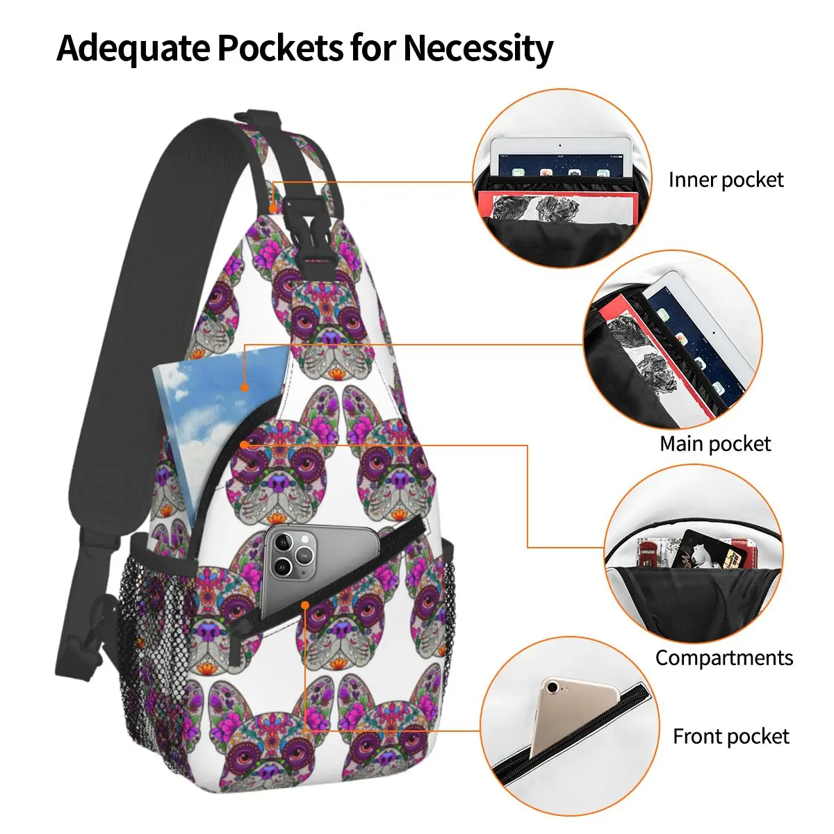 Mexican Day Of The Dead Dog Frenchie Chest Bag Men Sling Crossbody Backpack Chest Bag Traveling Hiking Daypack Shoulder Bag