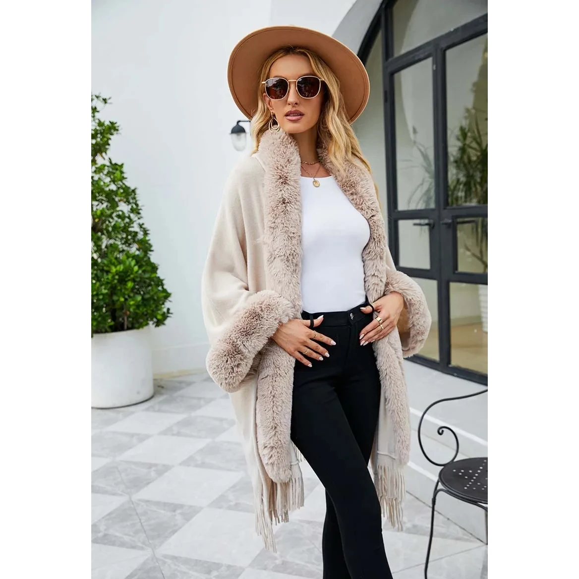 Fashion Loose Slim Knit Wool Blends Faux Fur Cape Outerwear Hood Women Autumn Winter Long Cardigan Cloak Coat Travel Wraps