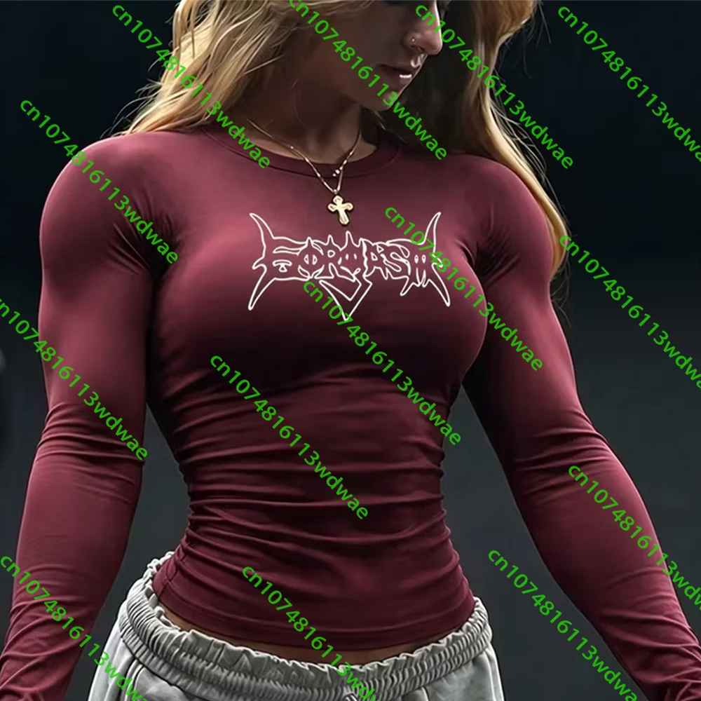 Gothic Style Damen Bodybuilding Gym Training Langarm Schnelltrocknend Atmungsaktiv Yoga Bedrucktes Sport-T-Shirt Outdoor Lauf-Top – Detail 3