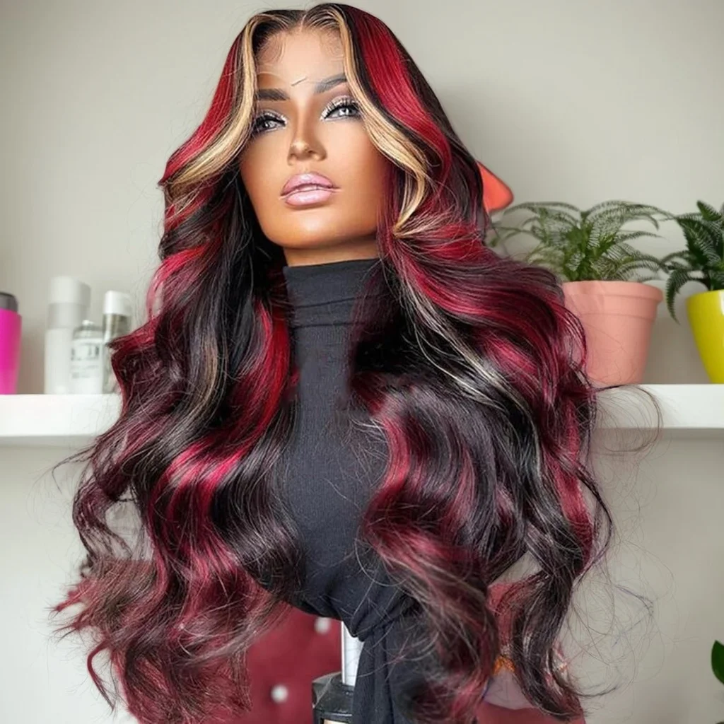 

1B/99J/27 Black Hair With Red Blonde Highlight balayage Body Wave 5x5 Hd Lace Closure Wigs Brazilian Human Hair Glueless Wigs