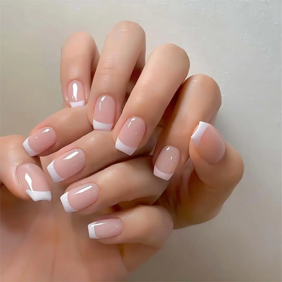 24 puntas de uñas postizas estilo francés, nude natural o punta blanca rosa, brillantes, uñas de presión para manicura, cortas en forma de ataúd