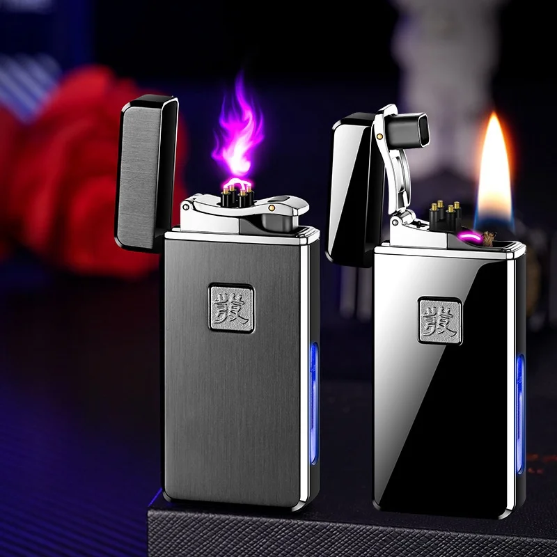 Creative Dual Flame Windproof Dual Arc Electric Lighter Visible Gas Tank One Click Catapult Ignition Open Fire Kerosene Lighters