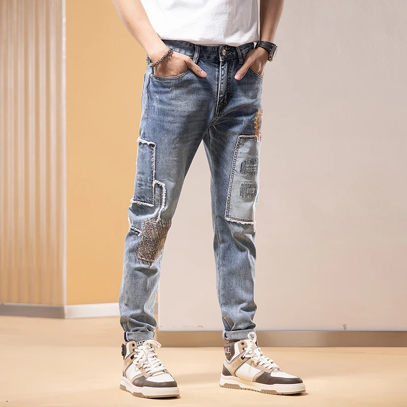 Men's Y2K Fashion High Street Retro Blue Stretch Slim Fit Jeans Perforated Splicing Designer Multi Pocket Pants