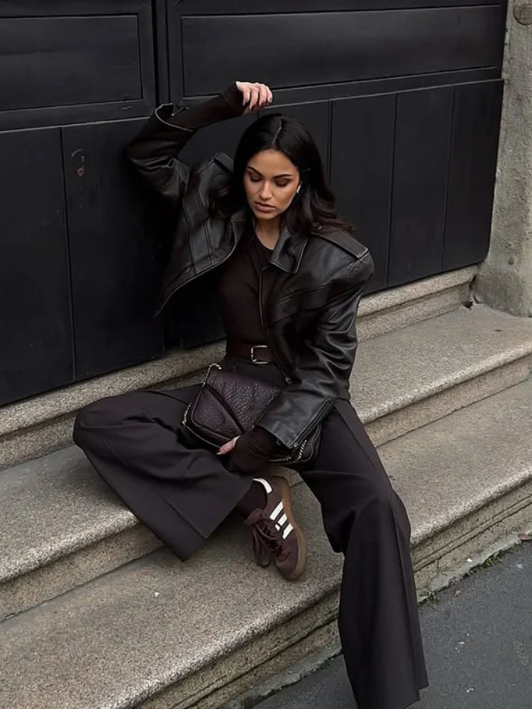 

Fashion Lapel Cropped Leather Women Jacket Retro Full Sleeve Wide Shouldered Loose Short Jackets 2025 Lady Commute Street Wear