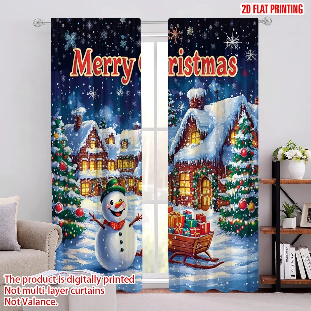 

2pcs 2D flat printing Merry Christmas Scene Curtains Christmas trees_ snowflakes and gifts 100% Polyester Without Electricity