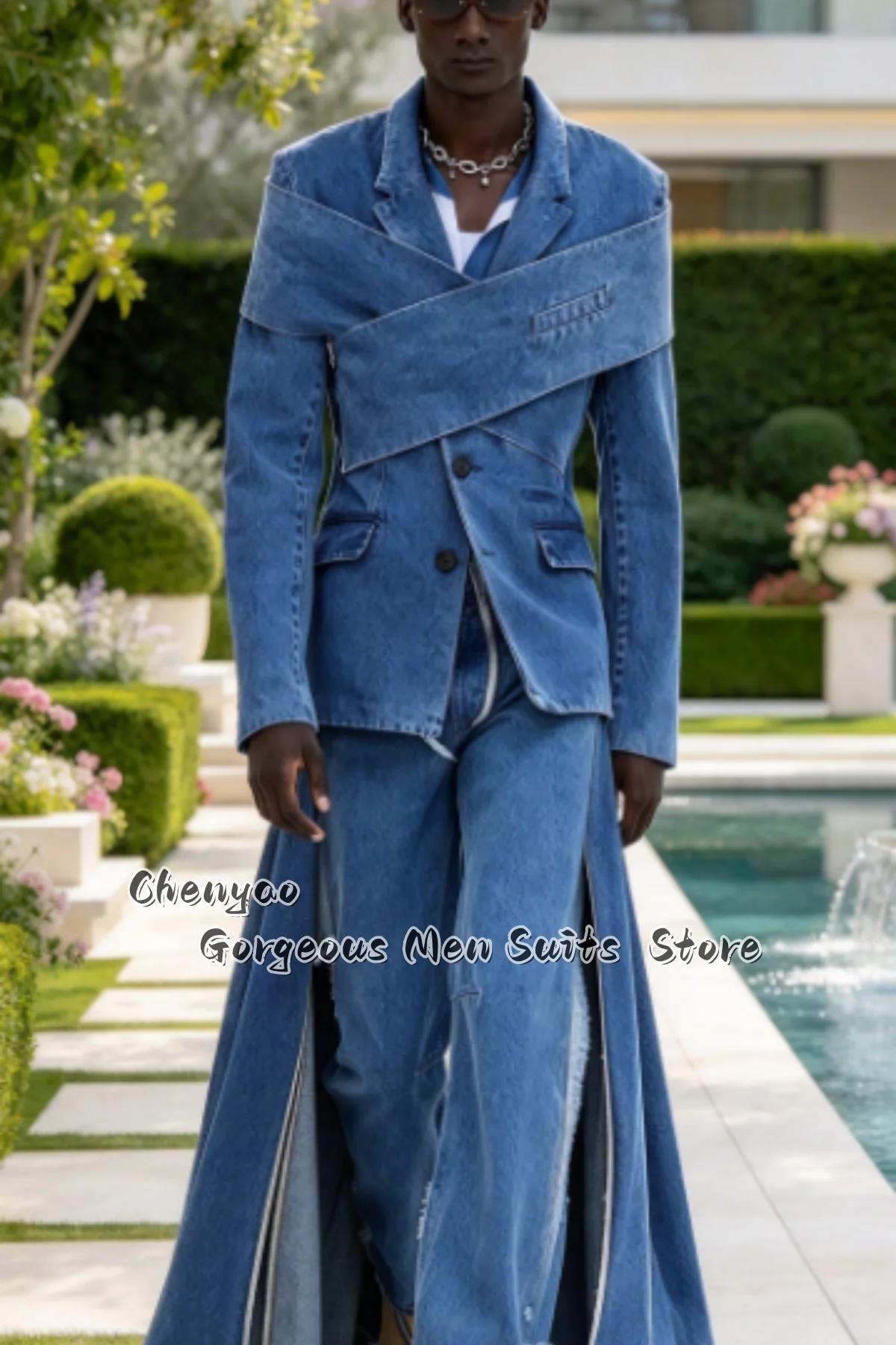 Fashion Denim Suit Asymmetric Cross Strap Blazer Split Wide Leg Pants Men Suit Customized Fashion Runway Groom Tuxedos 2 Pieces