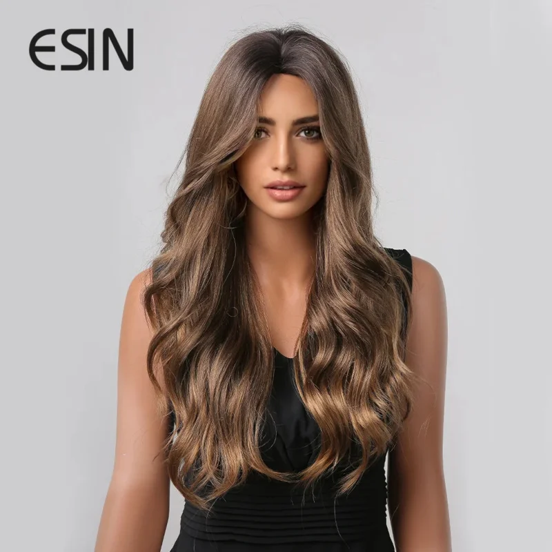 ESIN Synthetic Hair Long Water Wave Ombre Mixed Brown Middle Part Wigs for Women Natural Party Heat Resistant