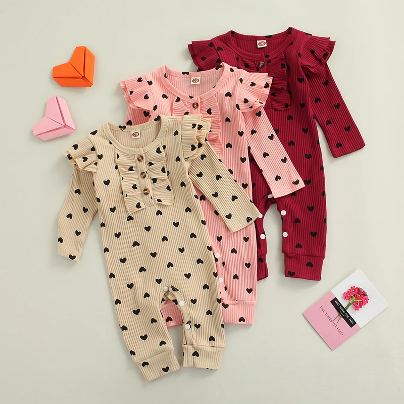 

2023 Baby Girls Valentine's Day Romper Heart Print Round Collar Long Sleeve Jumpsuit Spring Fall Baby Playsuits Rompers