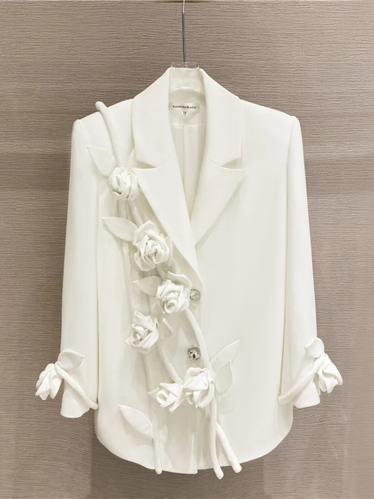 BZVW 2025 nuevo Blazer de diseñador suelto con flores 3D blancas francesas para mujer abrigo primavera otoño moda chaqueta de traje de nicho marea