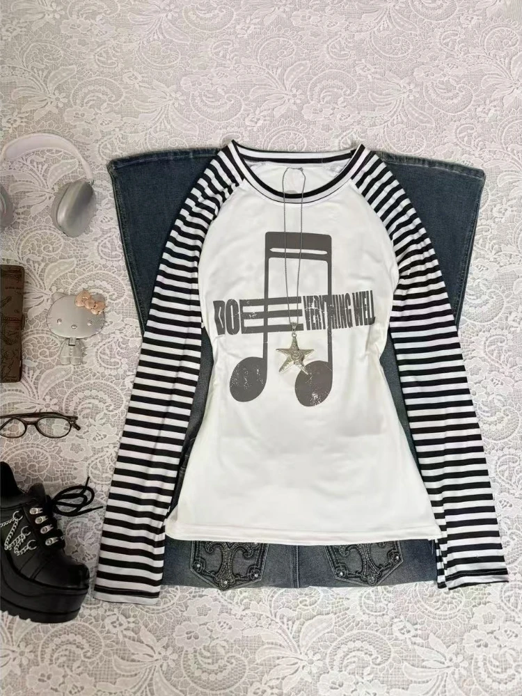 Japanese Sweet Cute Green Stripe Musical Note Print T-shirt Women Y2k Harajuku Vintage Fashion Hot Girl Long Sleeve Tops New