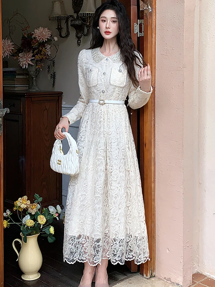 Vestido internacional de encaje Jacquard para mujer, ropa de fiesta ajustada de manga larga para otoño, vestido de fiesta de Festival de lujo coreano 2025