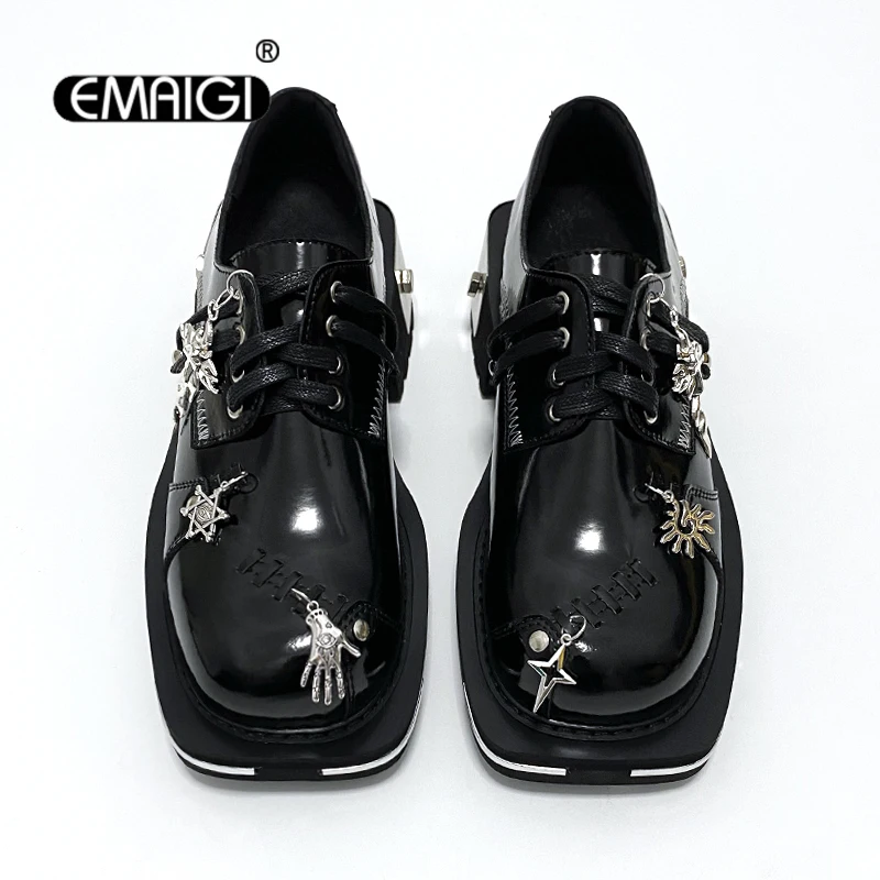 Men Metal Pendant Streetwear Fashion Real Cowhide Genuine Leather High Quality Casual Shoes Man Punk Gothic Motorcycle Shoes