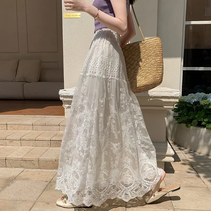 

Qiukichonson Long Skirt Woman Lace Skirt 2026 Lolita Spring Summer High Waisted Ladies Crochet A-Line Beige Skirt rok ropa mujer