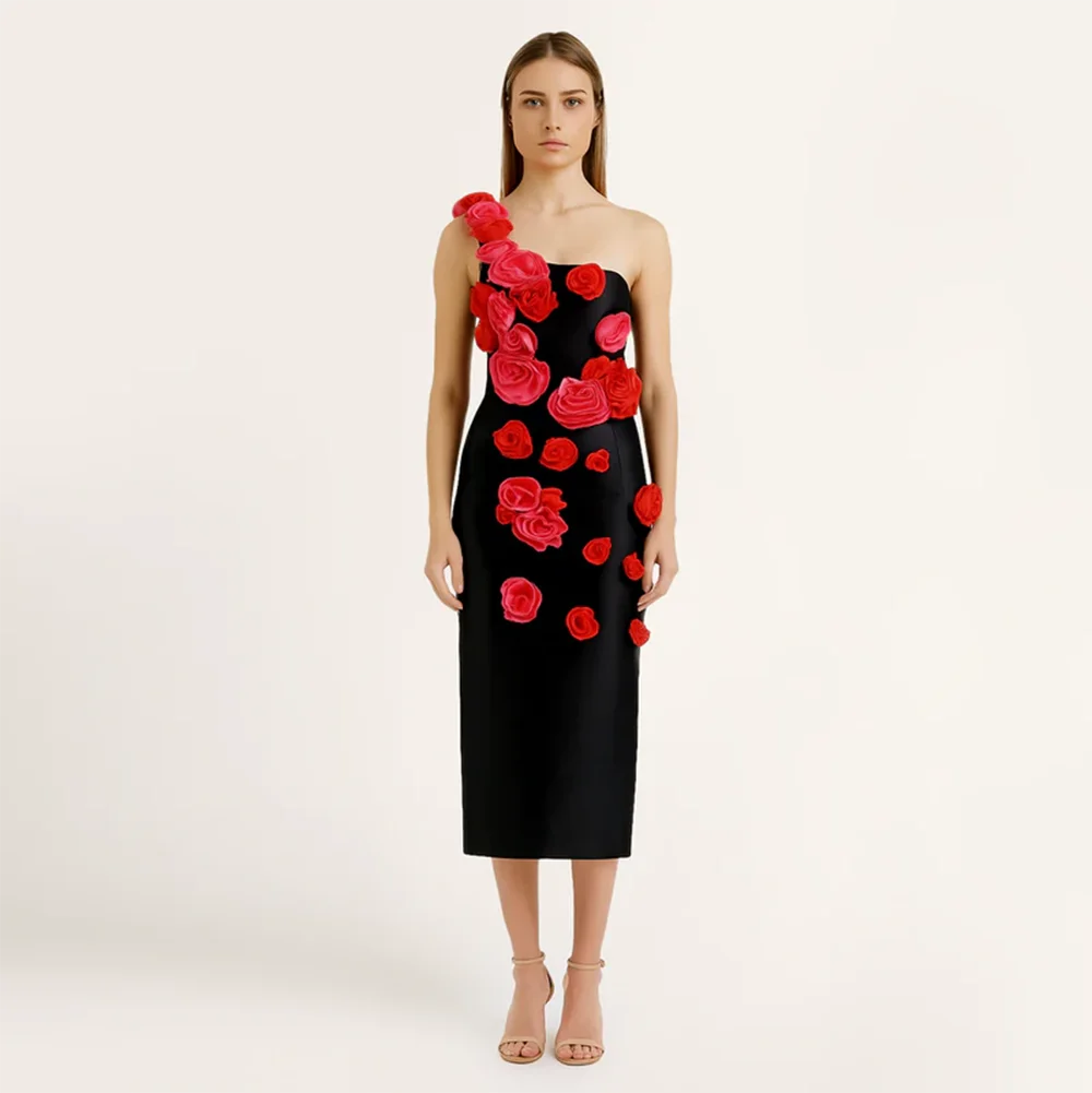 

Small Code Straight Evening Dress for Woman Sleevesless Handmade Flower Prom Gown Black Minid Party Dress Customized 2026