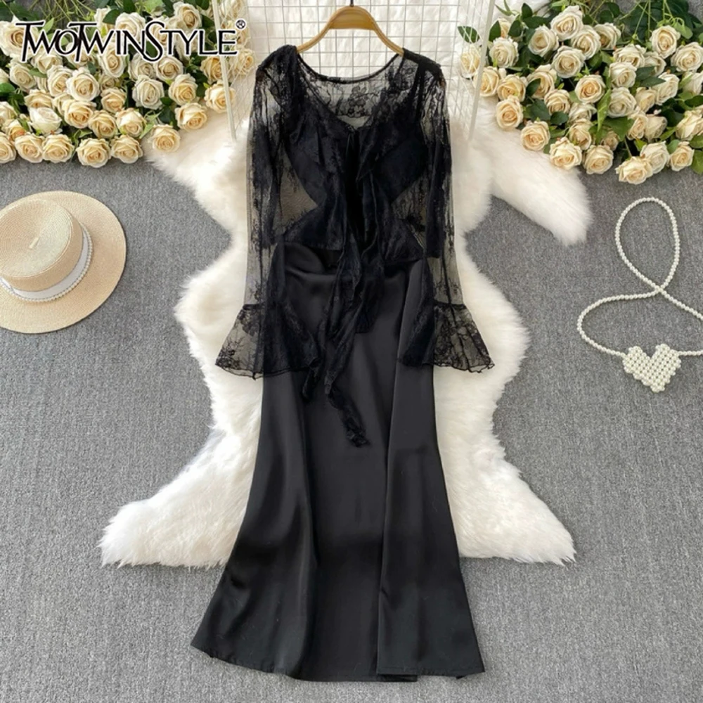 

TWOTWINSTYLE solid sexy teo piece sets for women round neck long sleeve coats slimming dress elegant set female new KSE542041