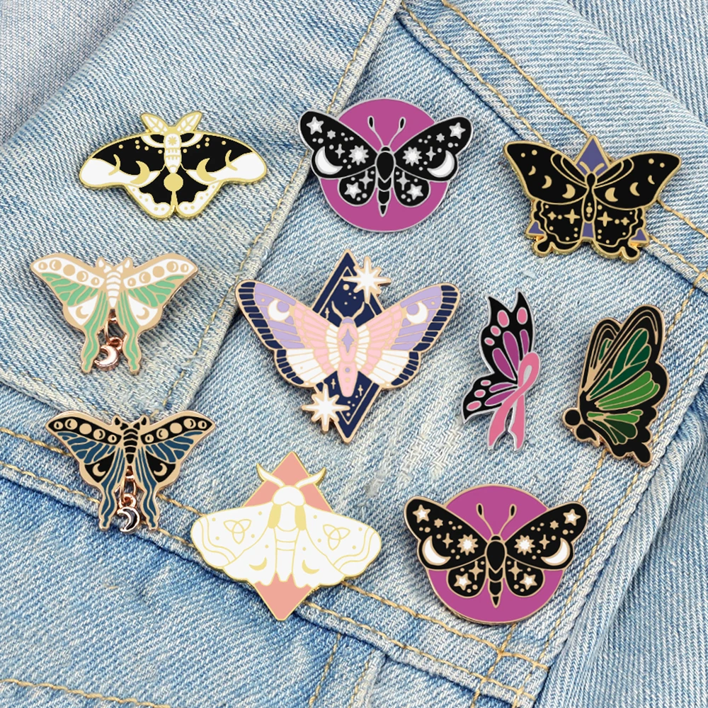 Small Retro Insect Butterfly Lapel Pins Cartoon Moon Phase Moth Brooch Cute Exquisite Enamel Badge Bag Accessories Gifts Jewelry