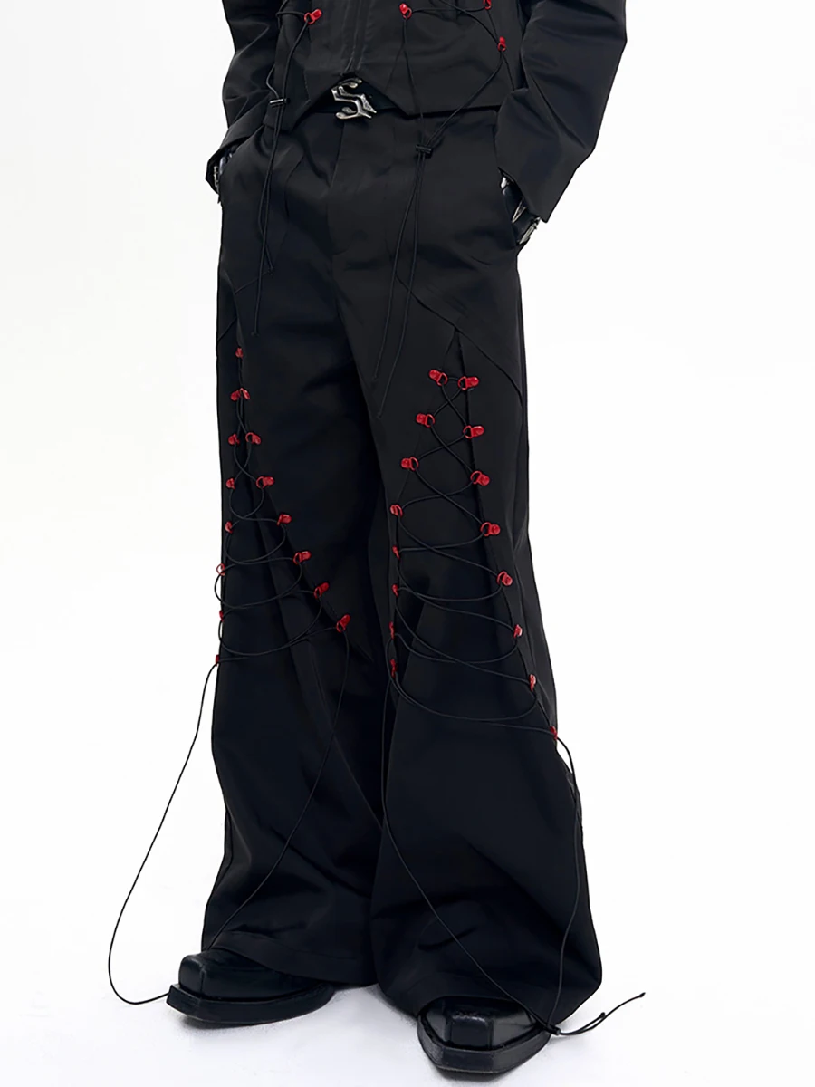 

Mauroicardi Spring Autumn Long Flowy Baggy Wide Leg Pants for Mens Lace Up Emo Trousers Luxury Designer Punk Style Clothes 2025