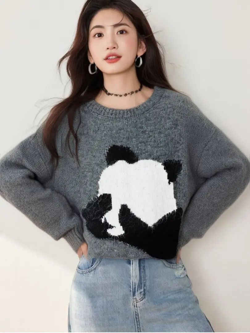 Style coréen Panda dessin animé Patchwork doux épaissir femme pull automne hiver à manches longues pull ample tricots haut dame