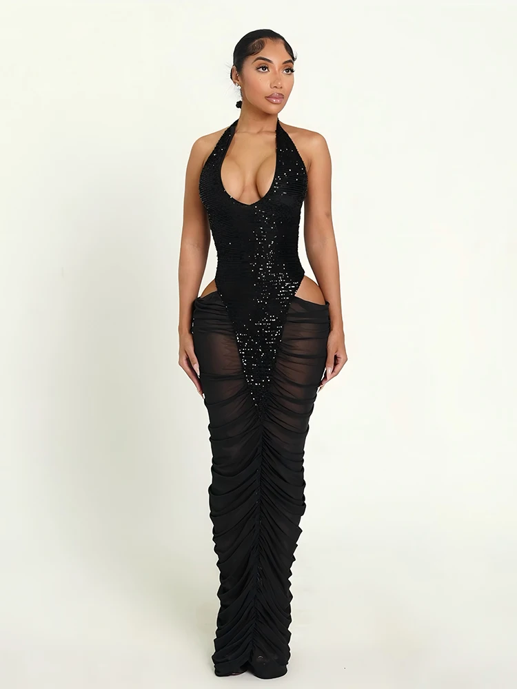 Kliou Glänzende Pailletten Patchwork Langes Kleid Frau Halter V-ausschnitt Backless Durchsichtig Saum Mitternacht Prom Party Geraffte Elegante Vestidos