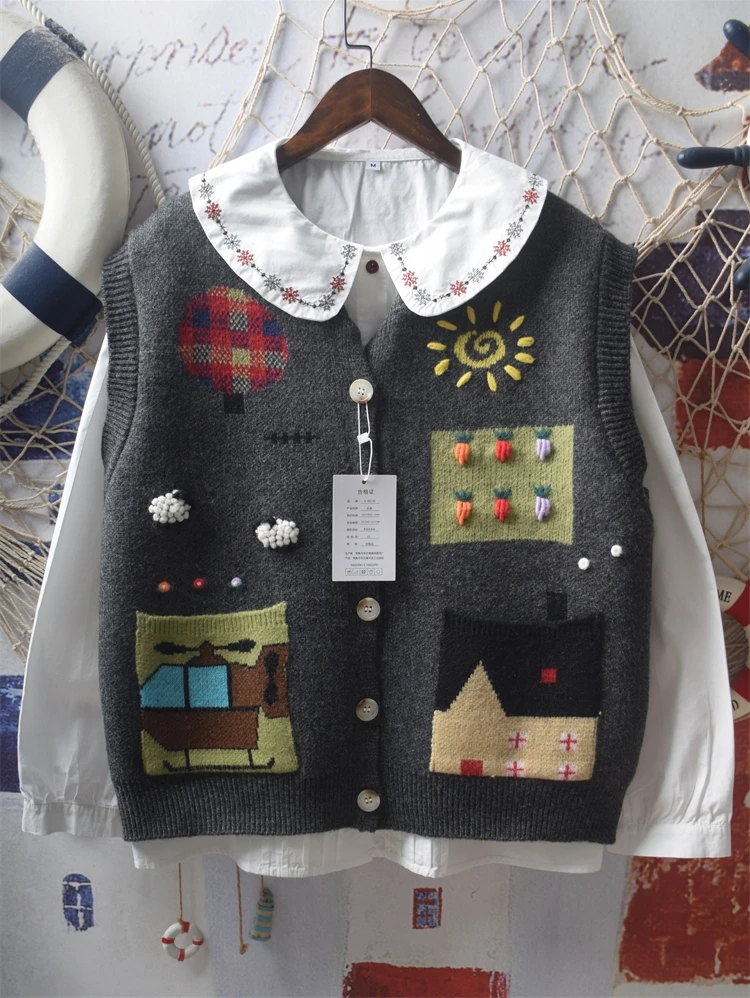 

Вязаный свободный жилет ручной работы, женский модный лоскутный цвет, дизайн с волнистыми пуговицами, 3D украшение, верхняя одежда
