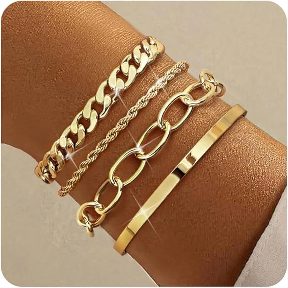 

Dainty Chunky Layered Cable Rope Snake Chain Cuban Link Bracelet Stack Non Tarnish Gold Bracelet Set BRAEAR200085