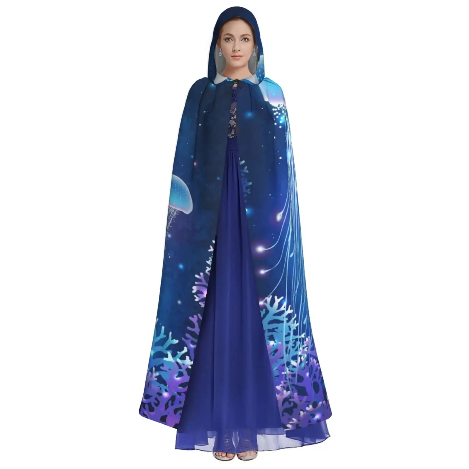 Unisex Hooded Cloak Adult Lightweight Overcoat Magic Glowing Jellyfish Underwater Cloak For Halloween Cosplay Costumes