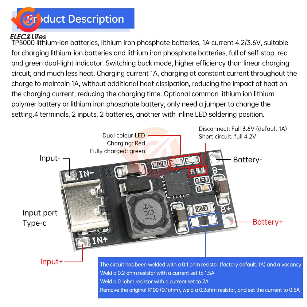 Modulo caricabatteria al litio agli ioni di litio TP5000 da 4,5-9 V a 4,2 V/3,6 V 1A Convertitore step-down buck Tipo-C Doppio LED e protezione di sicurezza