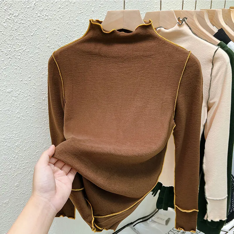 2023 New Autumn Korean Fashion Vintage Office Lady Casual Aesthetic Elegant Grace T-shirt Solid Color Turtlenecks Top Women