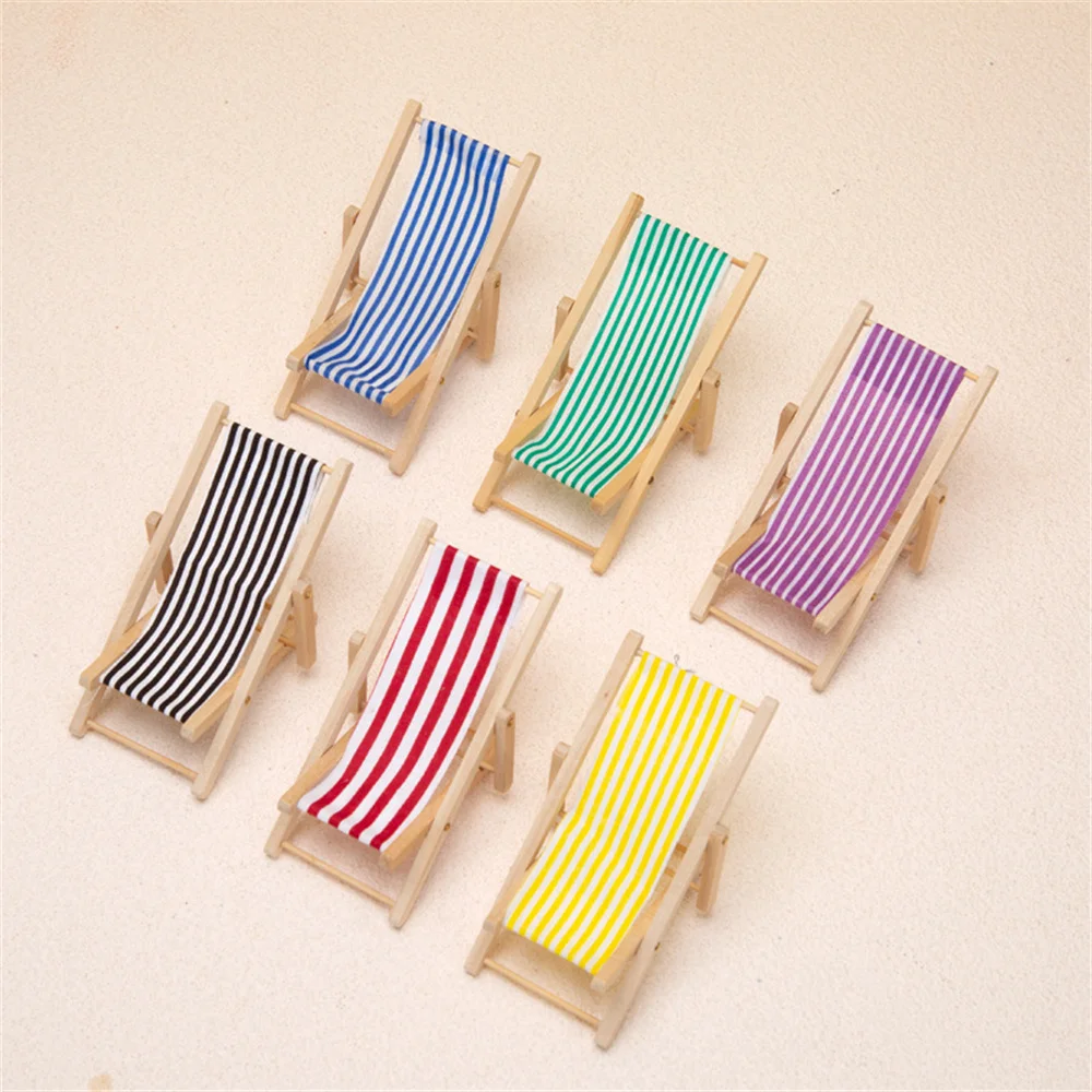 Wooden Lounge Chair for 1/12 Dollhouse Miniature Furniture Folding Stripe Beach Chair Model Mini Home Desktop Decor