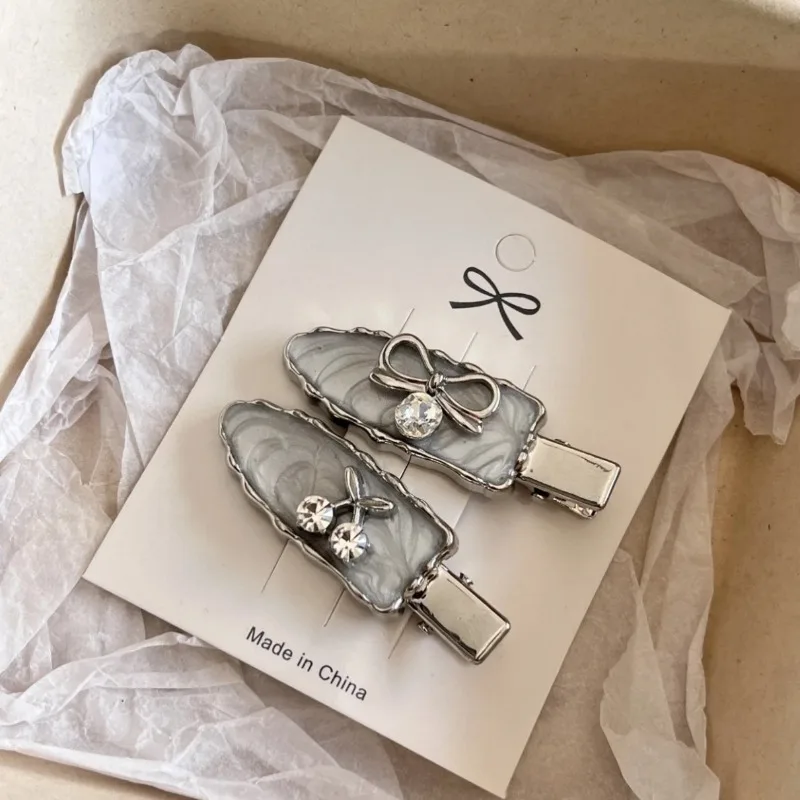 

Silver Grey Crystal Cherry Bow Hair Clip, Duckbill Side Clip for Bangs & Flyaways Women Hair Accessories