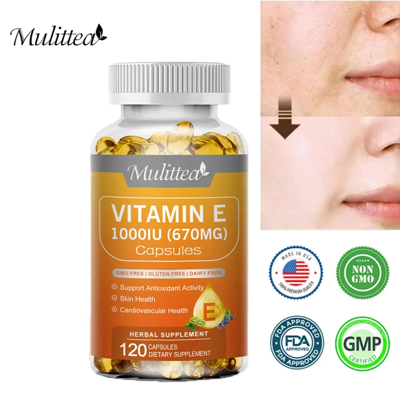 Mulittea Vitamin E Capsules Supports Fixed Hair Skin Beauty Heart Immune Health Oxidative Supplement Anti Aging Anti-Wrinkle