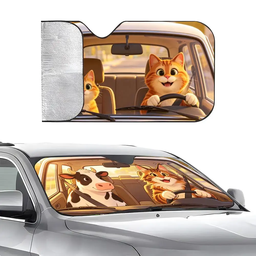 Kitten driving a car Sun Visor Car Windshield Sunshade | Reusable Aluminum Foil UV Heat Insulation Sun Visor Cover