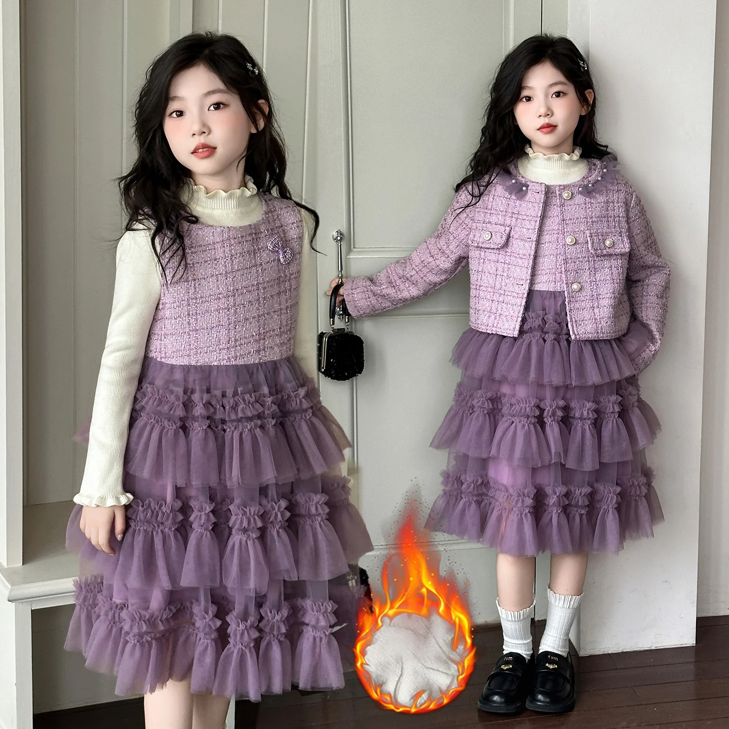 New Winter Kids Princess Tulle Dress 6-17 Years Fashion Birthday Party Outfit Girls Long Sleeve Shirt+Vest Dress+Coat 3Pcs Suits